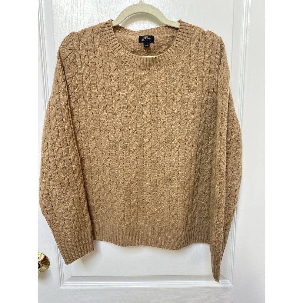 J Crew Women's Cable Crewneck Cashmere Sweater in Heather Camel Size L